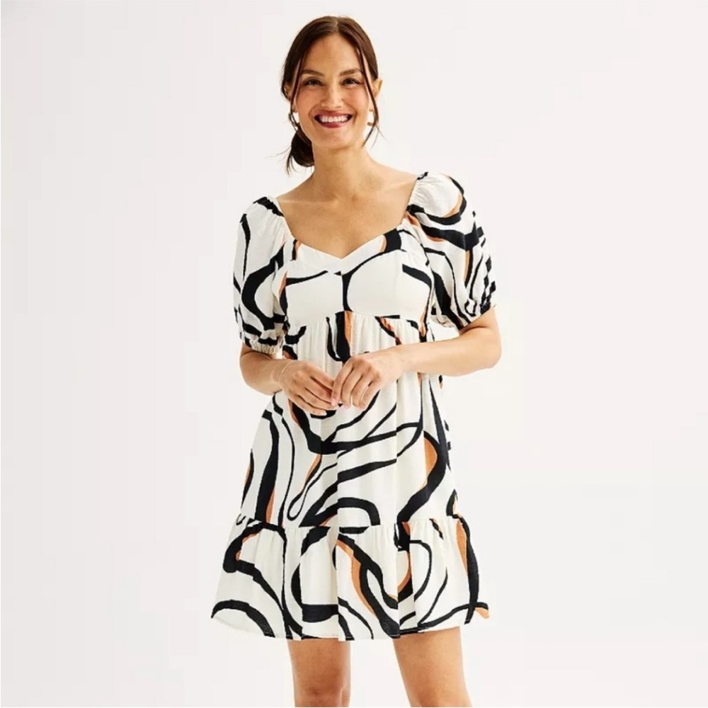 NWOT Nine West Abstract Black White Babydoll Mini Dress Sweetheart Puff Sleeve M